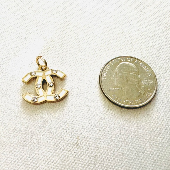 Chanel White, Gold & Crystal Pendant, Authentic Charm, Double CC Logo, Upcycled - Picture 2 of 3